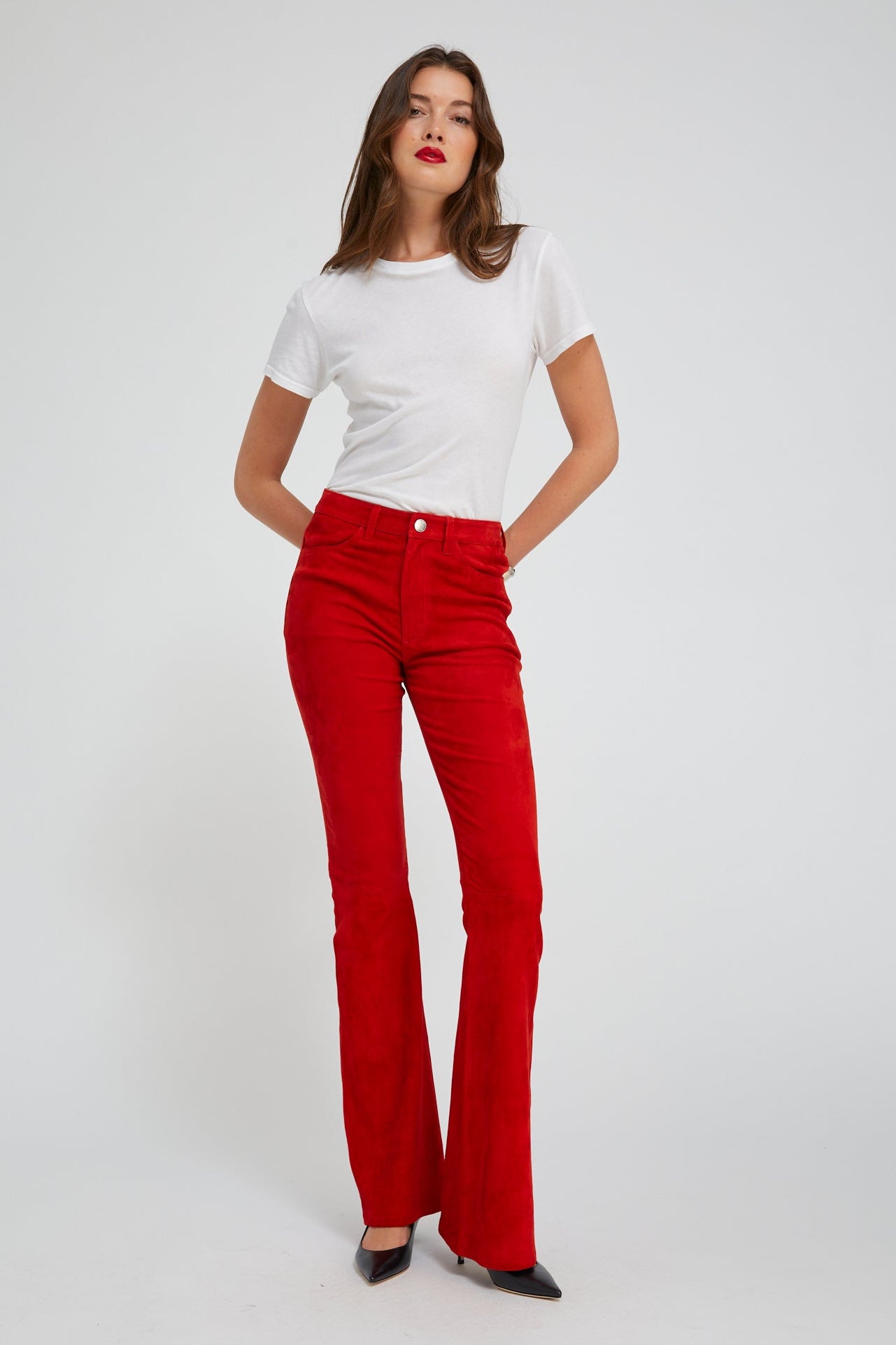 Red Suede 5 Pocket Micro Flare