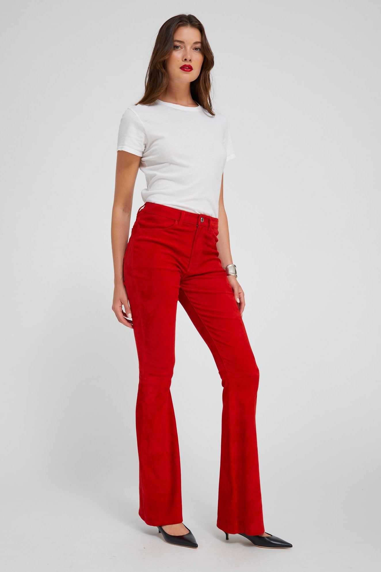 Red Suede 5 Pocket Micro Flare