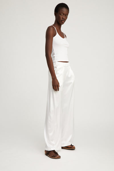 White Silk Wide Leg Pintuck Pants