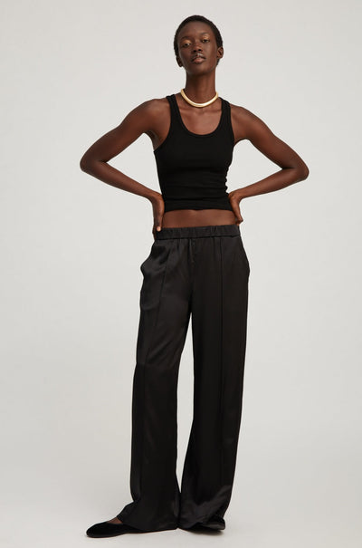 Black Silk Wide Leg Pintuck Pants