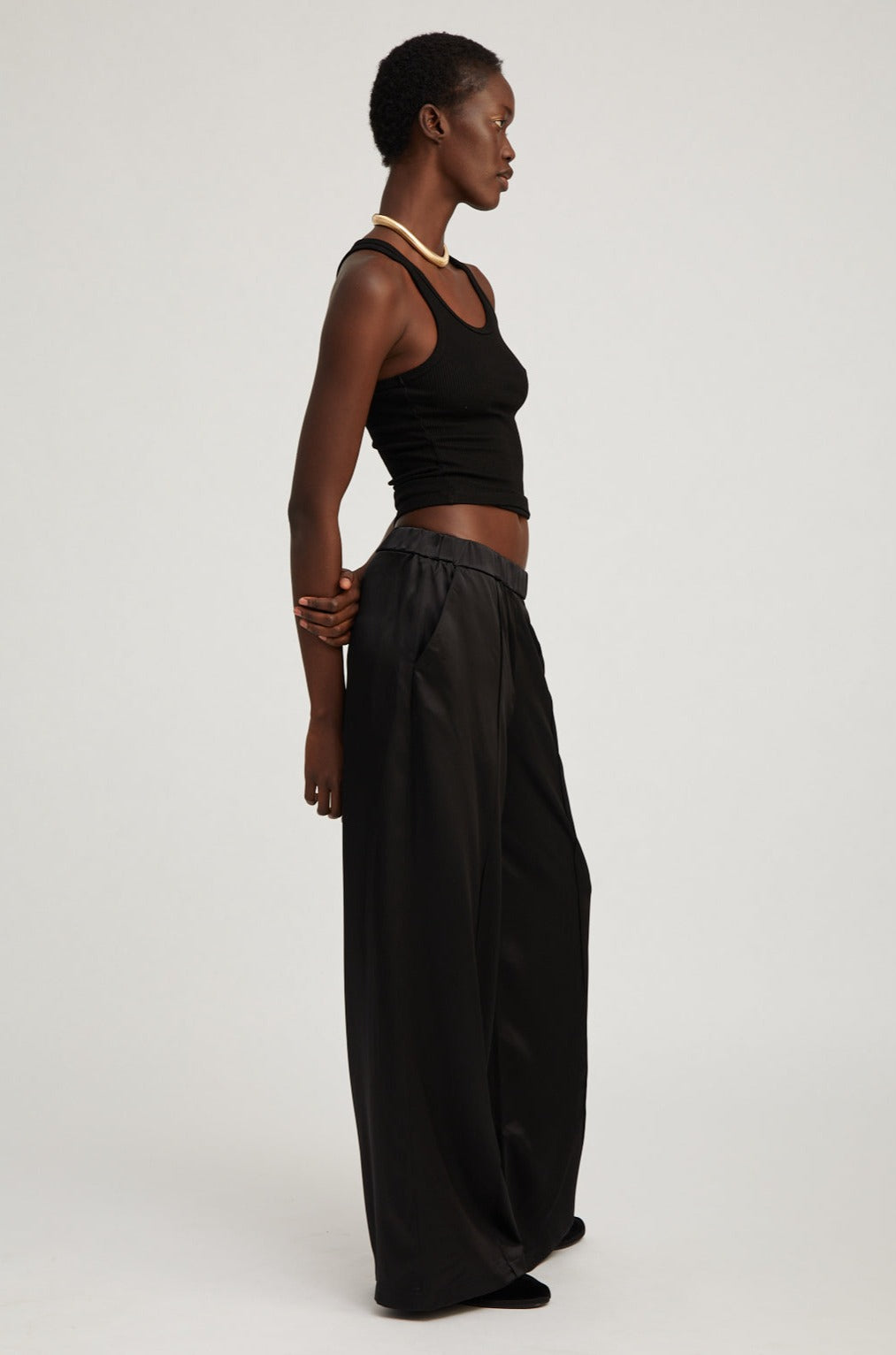 SPRWMN Wide Leg Pintuck Pants Black - Silk Trousers 