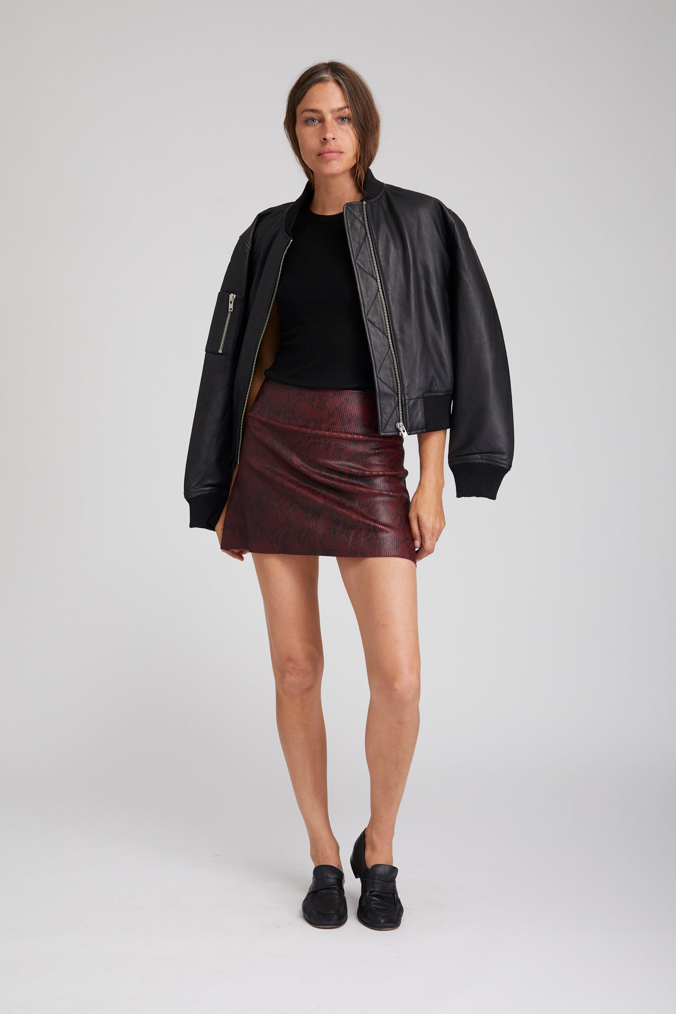 A-Line Leather Snake Print Skirt