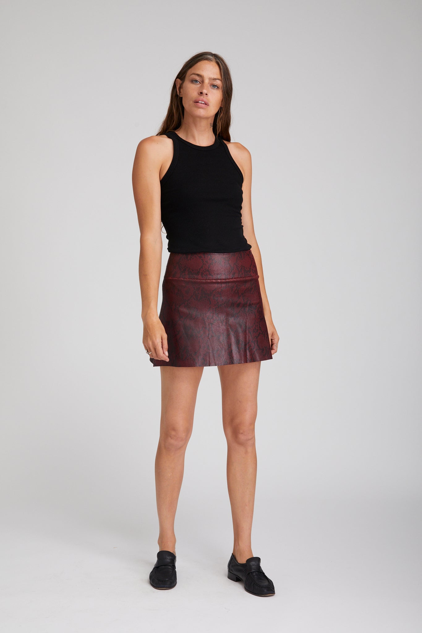 A-Line Leather Snake Print Skirt