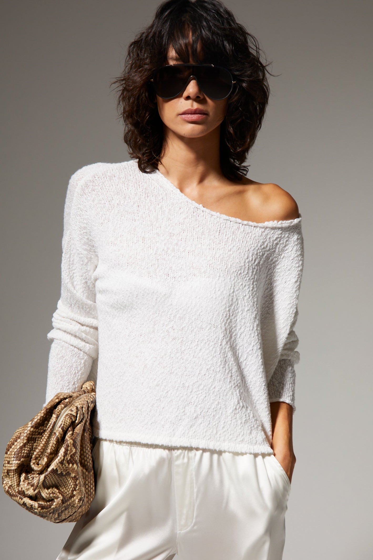 Cotton Bouclé Off Shoulder Sweater