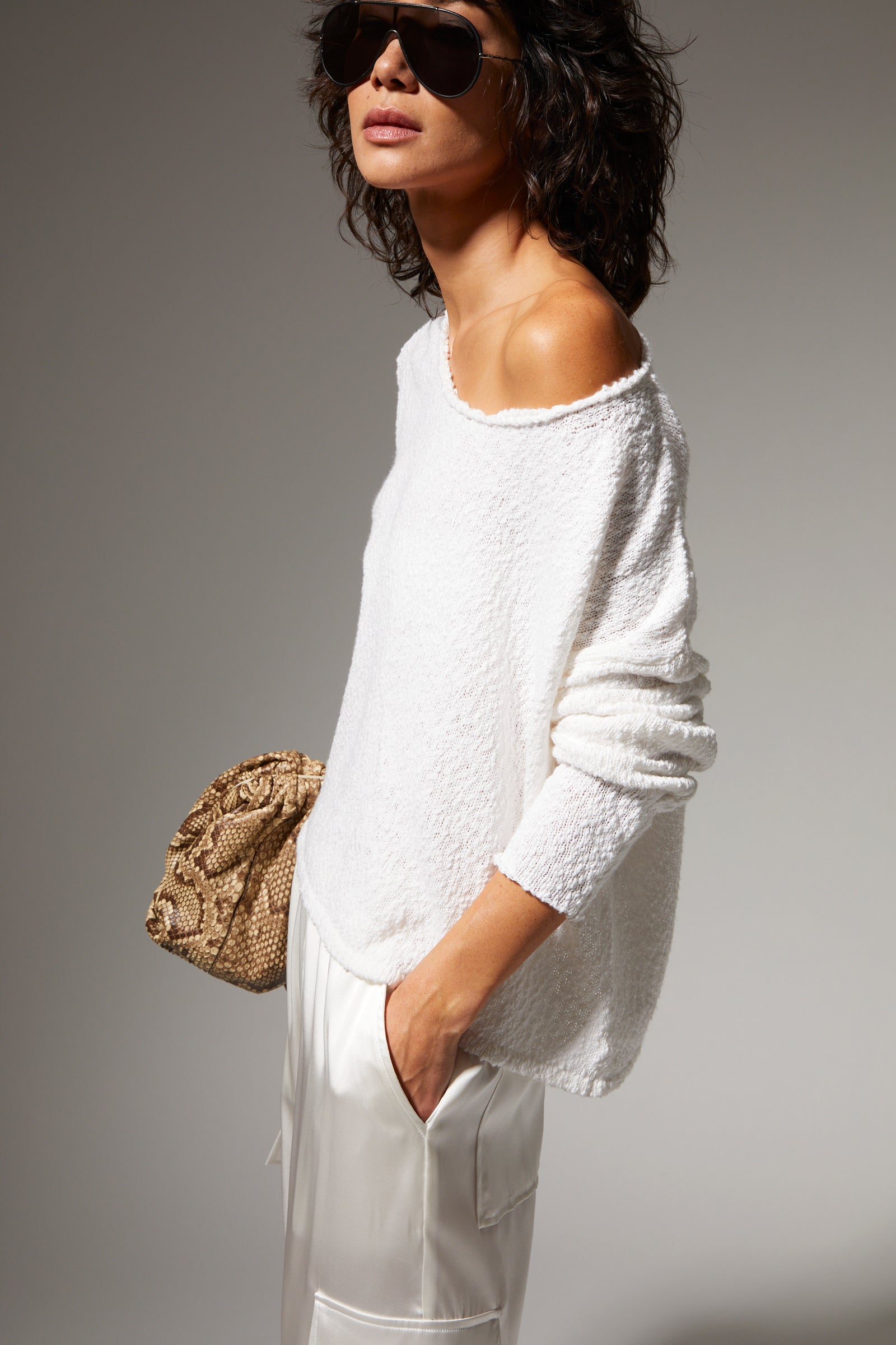 Cotton Bouclé Off Shoulder Sweater