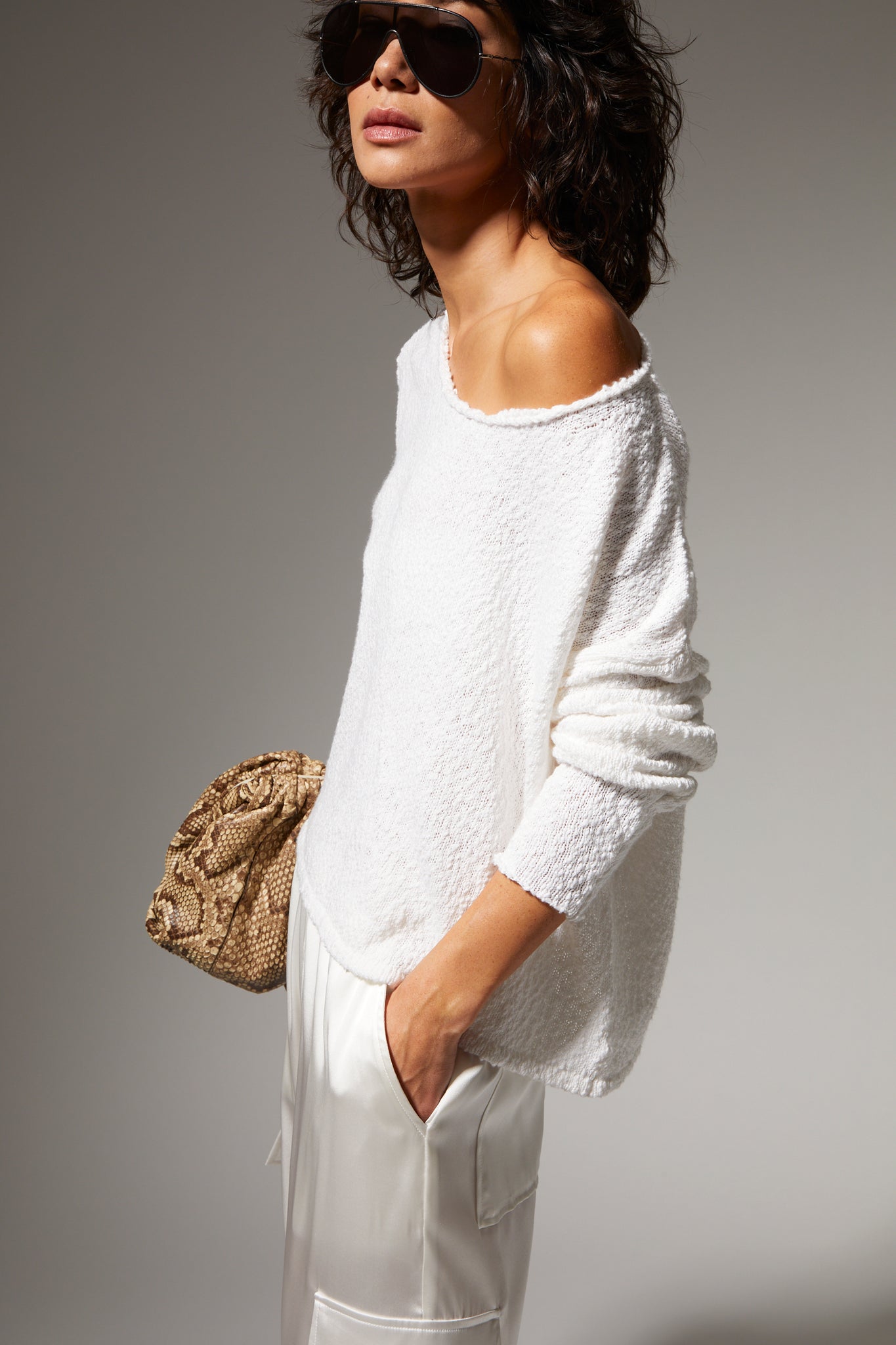 Cotton Bouclé Off Shoulder Sweater