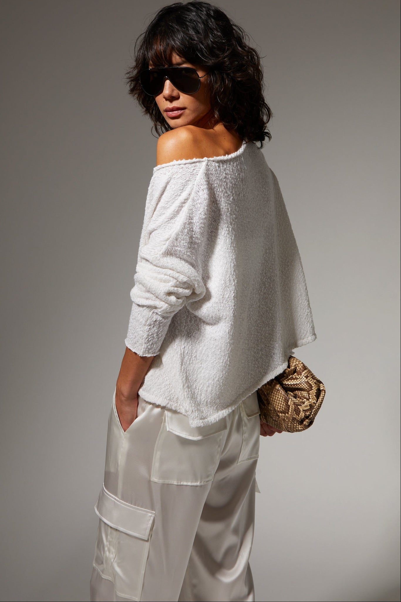 Cotton Bouclé Off Shoulder Sweater