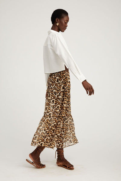 Leopard Silk Chiffon Ruffle Maxi Skirt