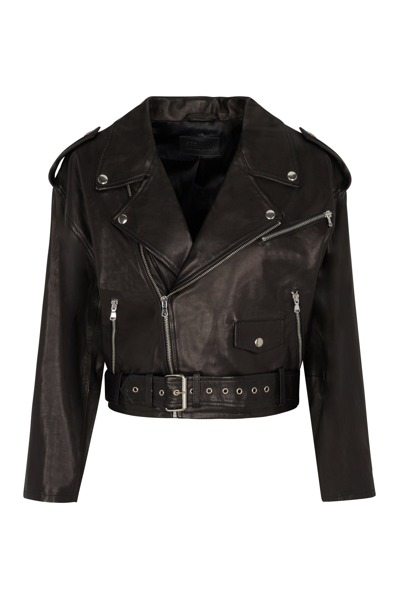 SPRWMN Black Eyelet Lace-Up Leather Moto Jacket