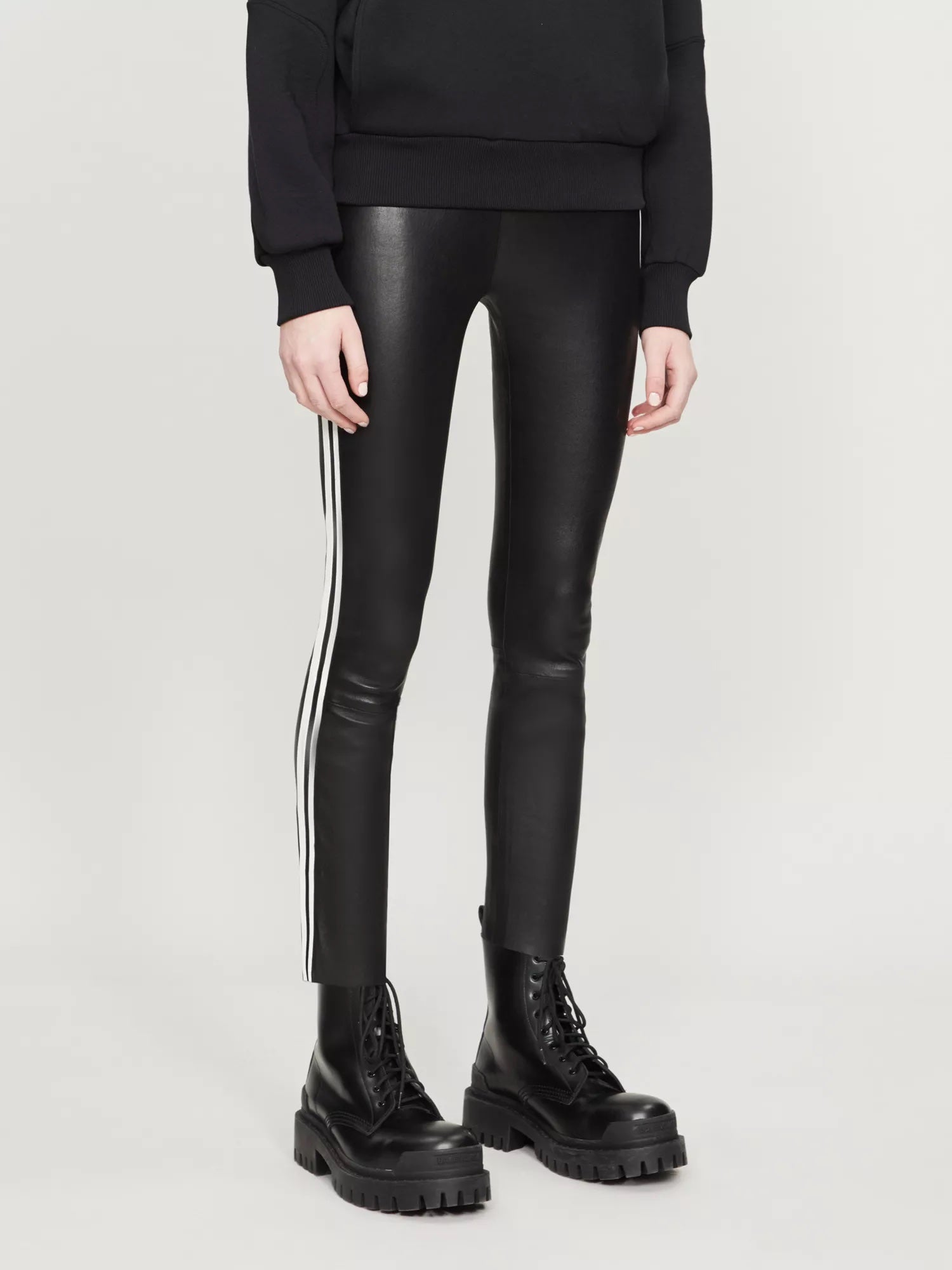 Black and White Stripe Leather Athletic Ankle Legging