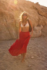 Red Silk Tiered Maxi Skirt