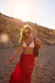 Red Silk Tiered Maxi Skirt