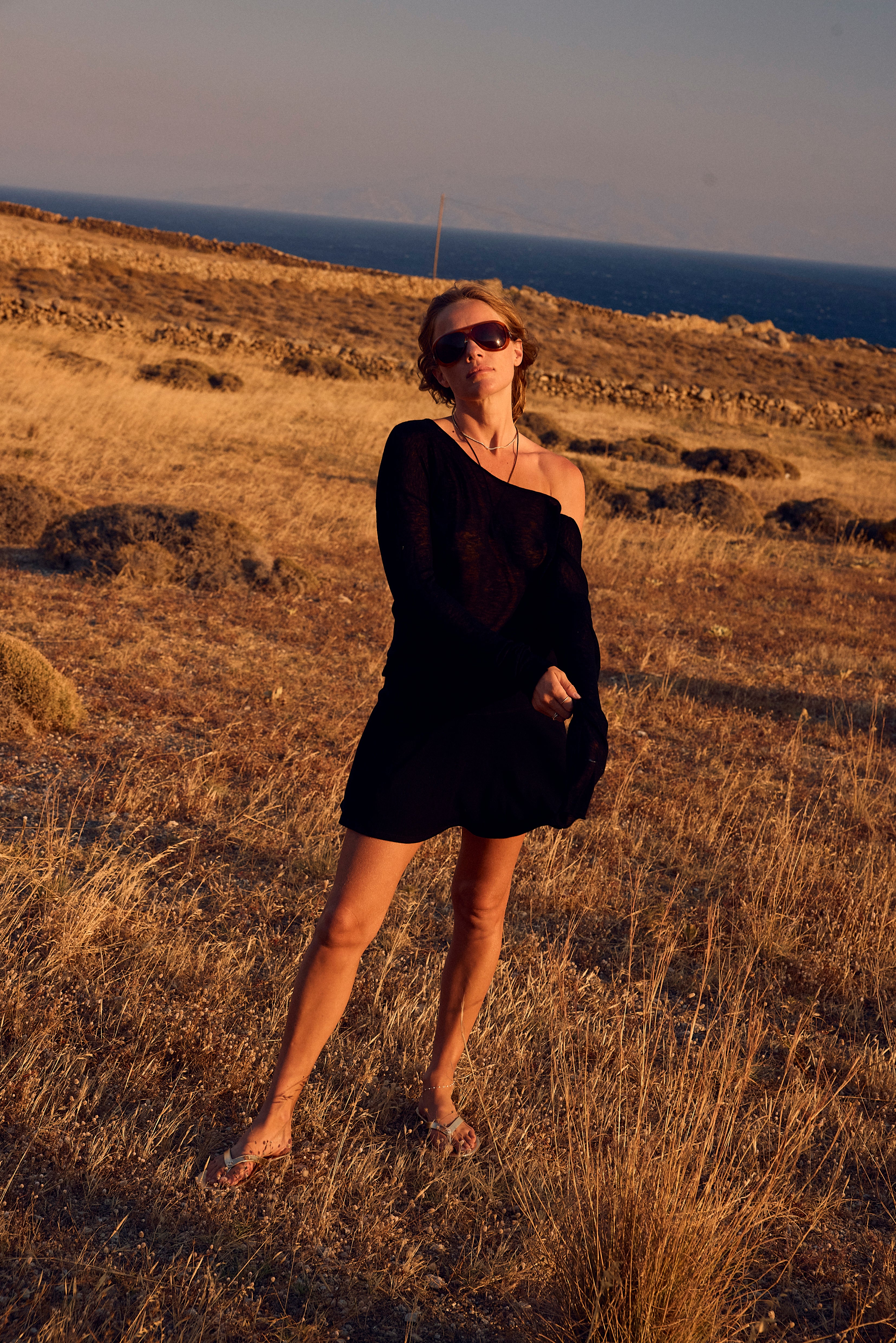 Black Tissue Cashmere Off-Shoulder Top
