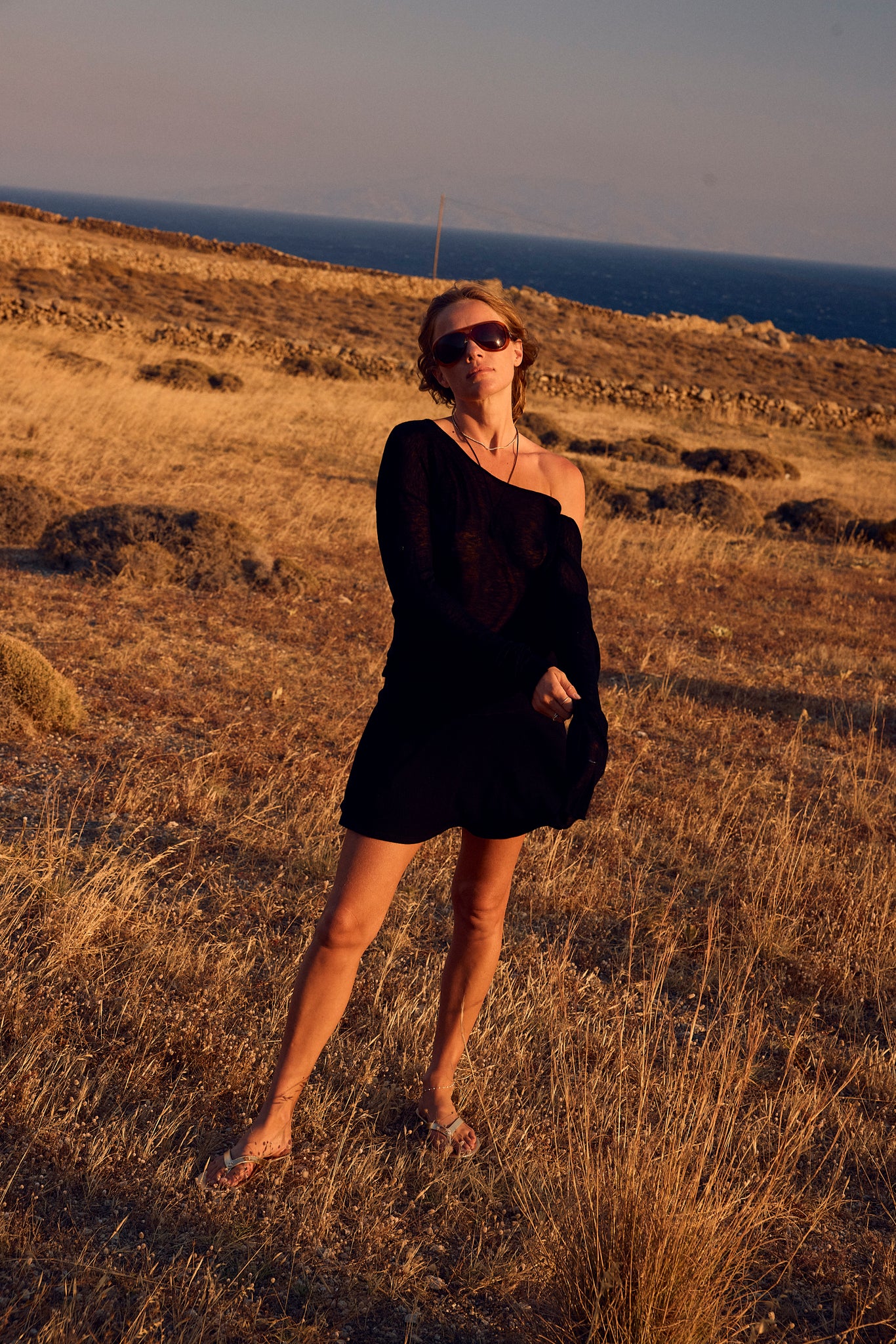 Black Tissue Cashmere Off-Shoulder Top