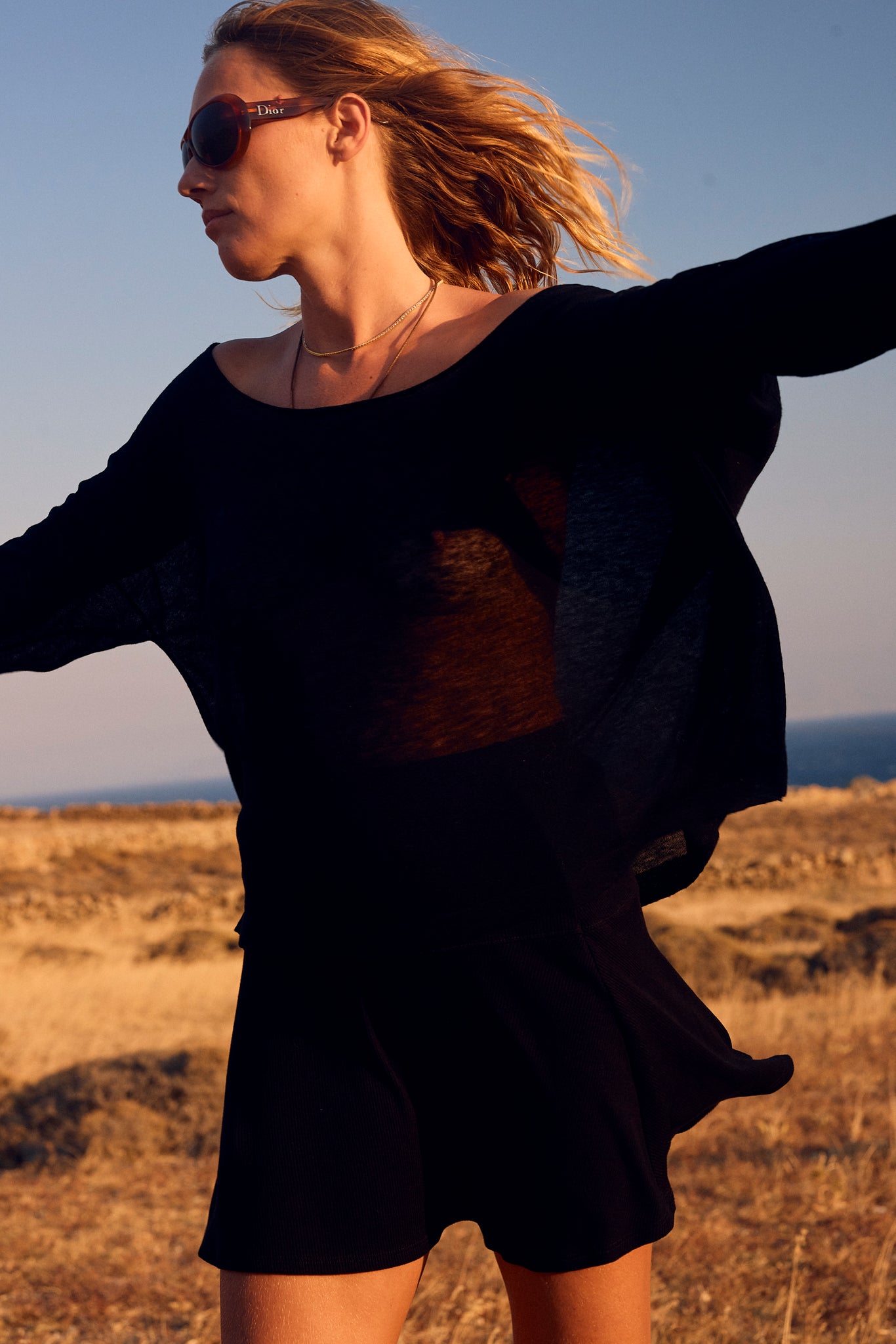 Black Tissue Cashmere Off-Shoulder Top