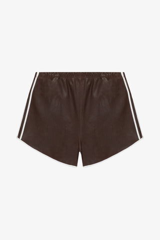 brown and white striped leather athletic dolphin shorts