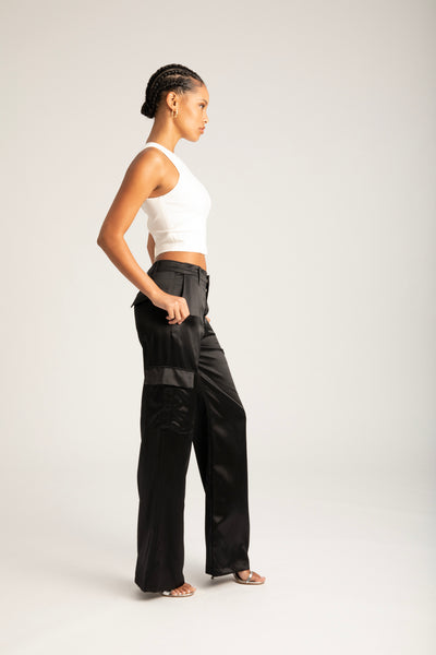 Black Silk Baggy Cargo Pants