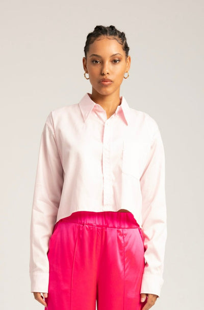Powder Pink Cotton Cropped Button Up