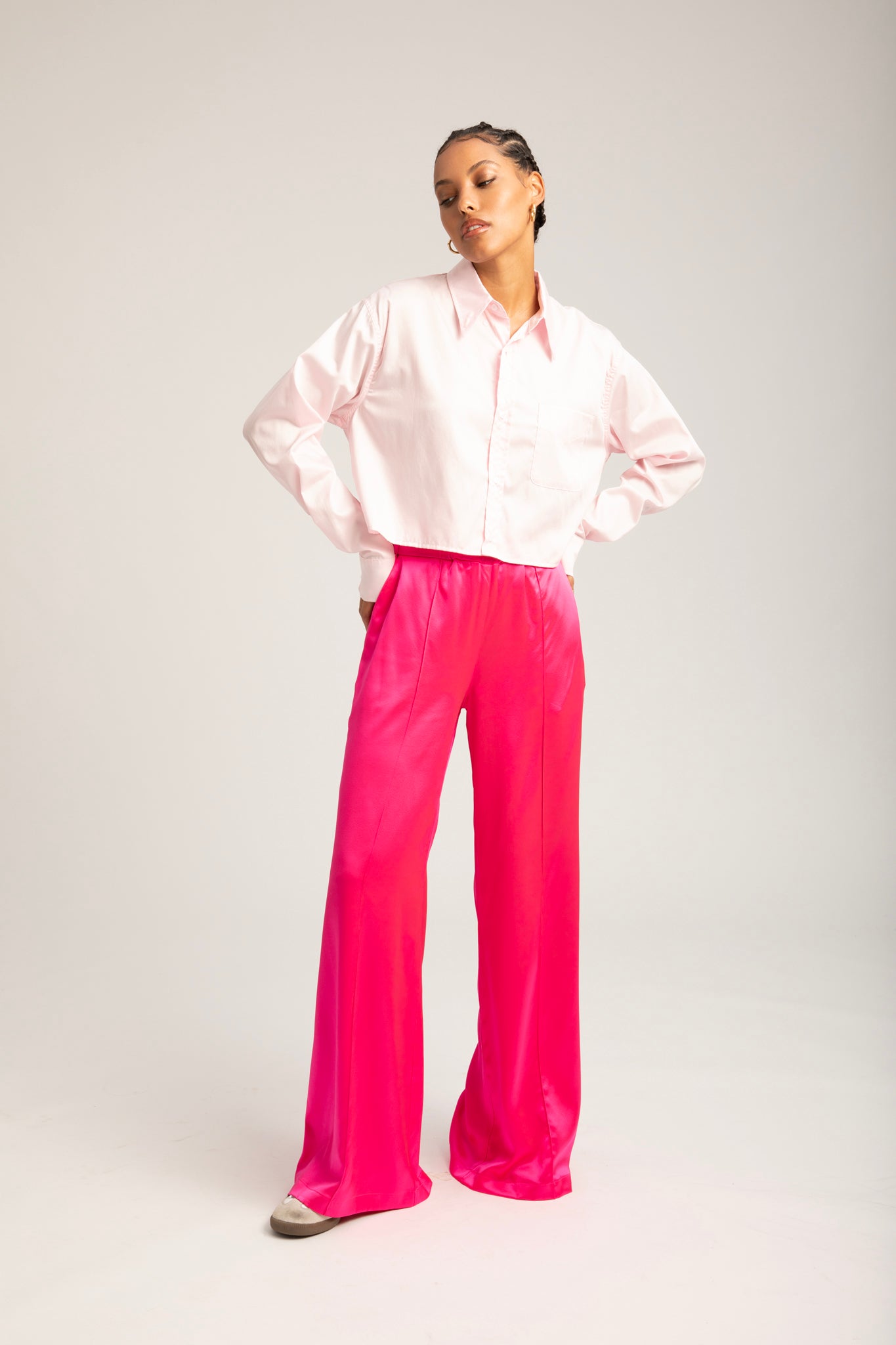 Powder Pink Cotton Cropped Button Up