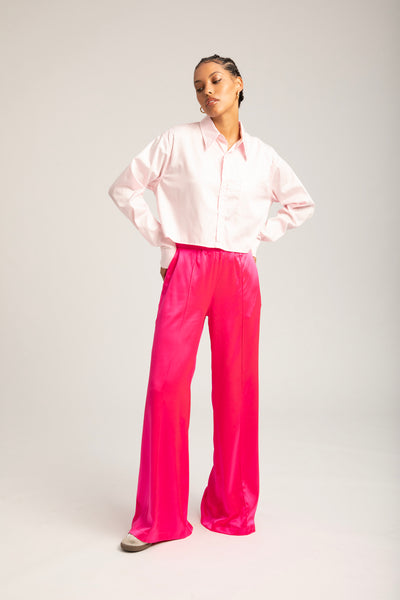 Powder Pink Cotton Cropped Button Up