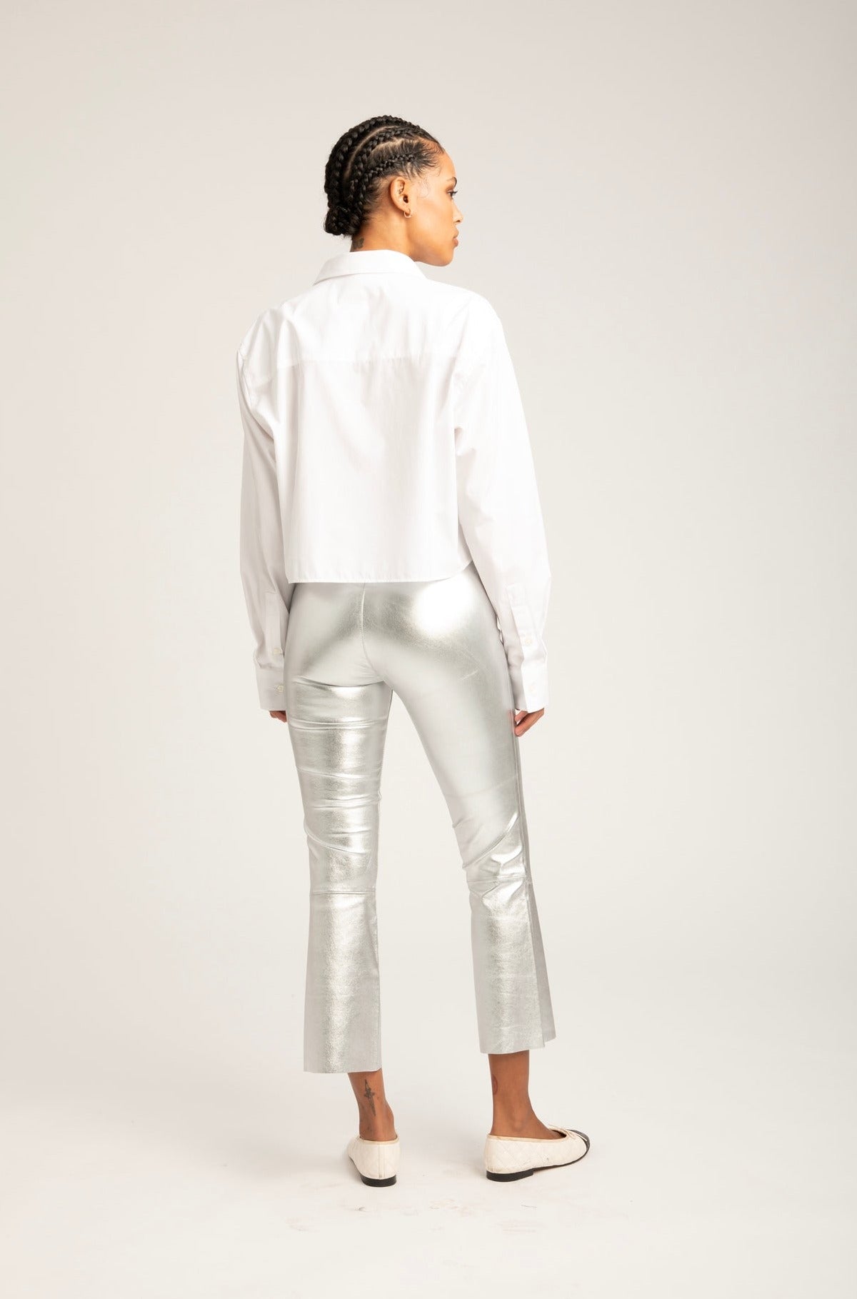 Silver Leather Crop Flare Leggings