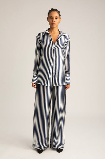 Navy Striped Silk Easy Pants