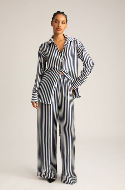 Navy Striped Silk Easy Pants