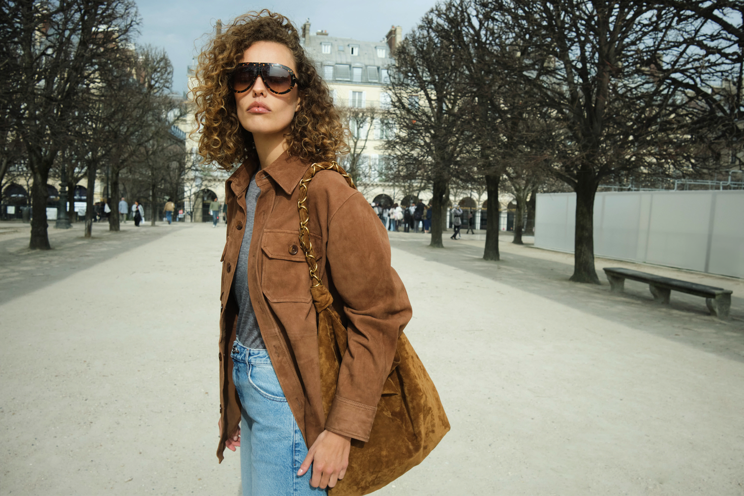 dark cognac suede shacket and denim