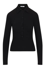 Black Rib Long Sleeve Polo Top