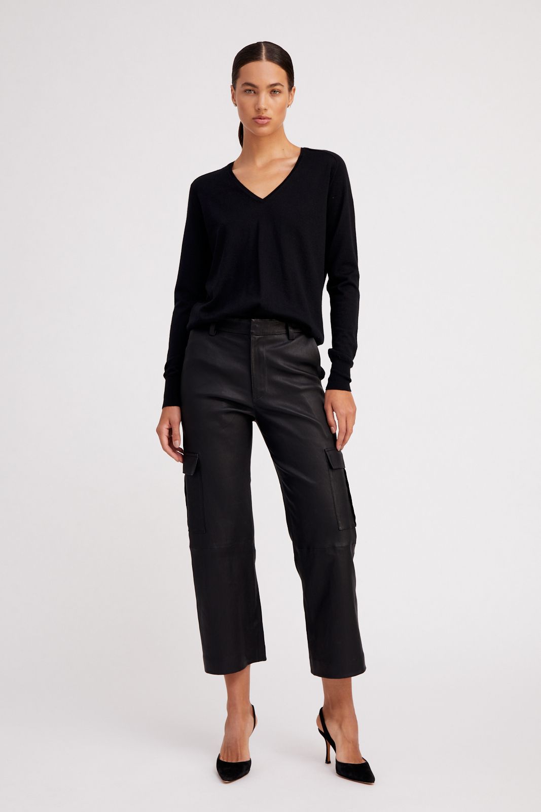 Black Leather Cropped Baggy Cargo Pants