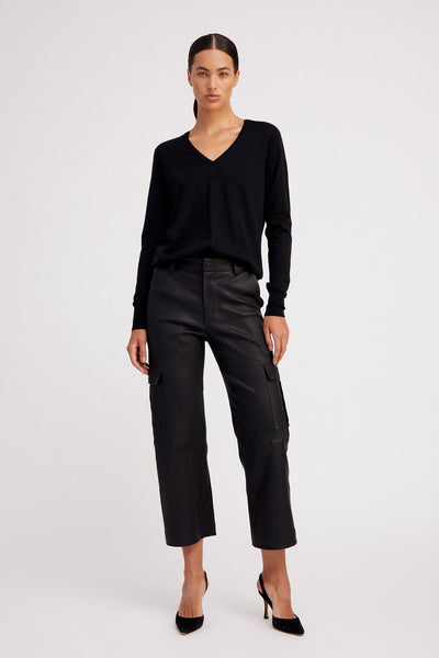 Black Leather Cropped Baggy Cargo Pants