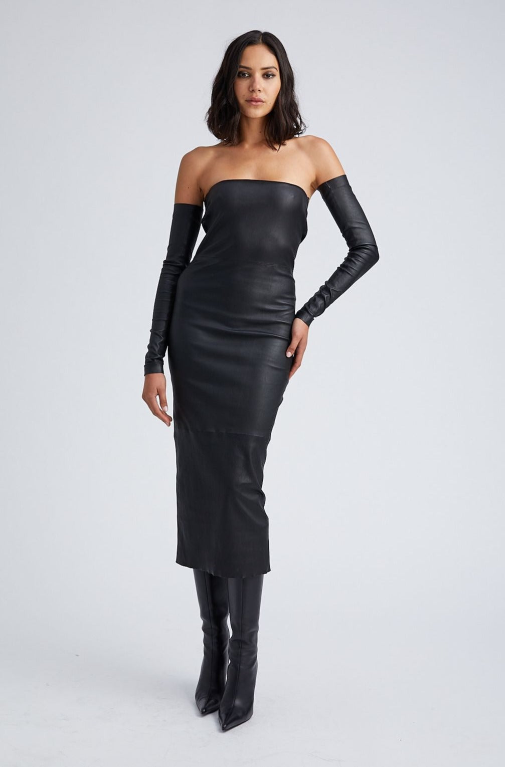 Black Leather Tube Dress With Sleeves