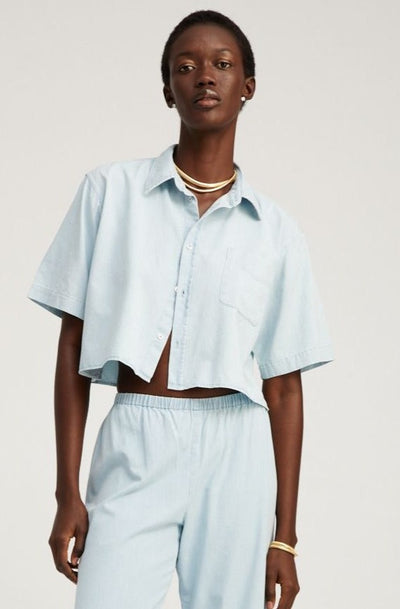 Light Blue Chambray Short Sleeve Cropped Button Down