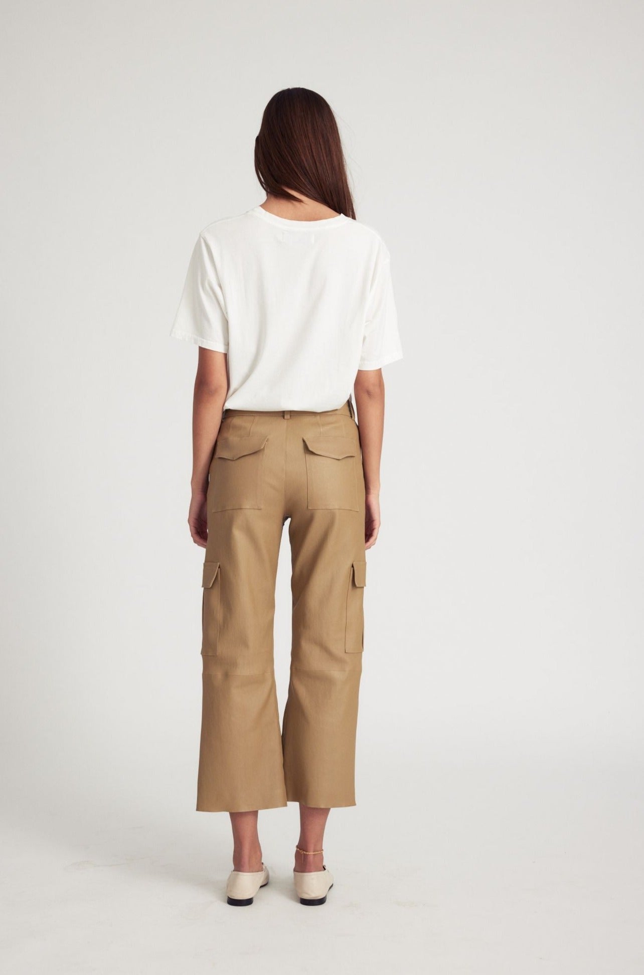 Khaki Leather Cropped Baggy Cargo Pants