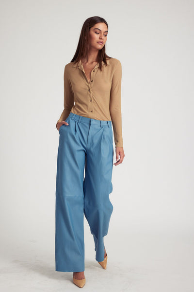Chambray Blue Leather Pleated Trousers