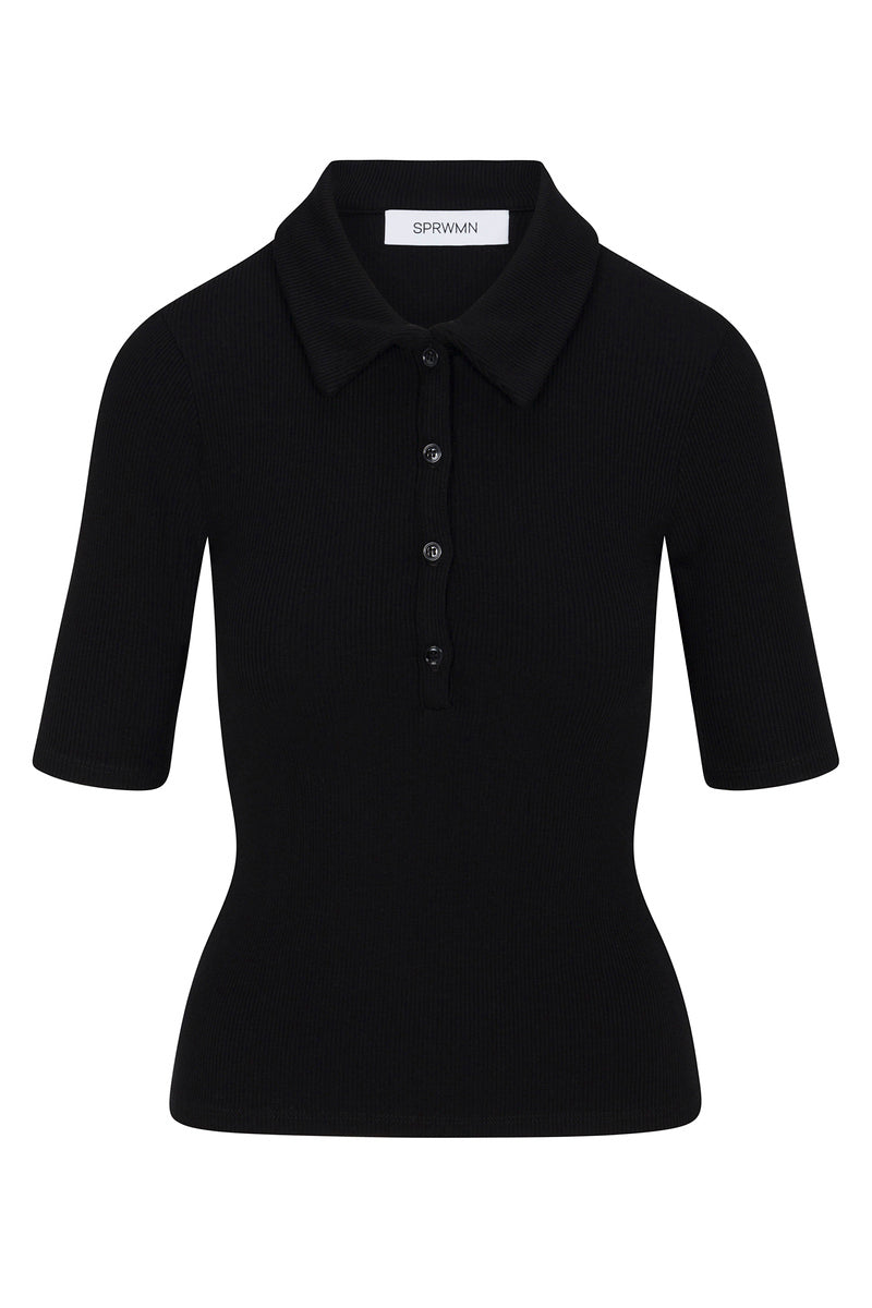 Black Rib Mid Sleeve Polo Top