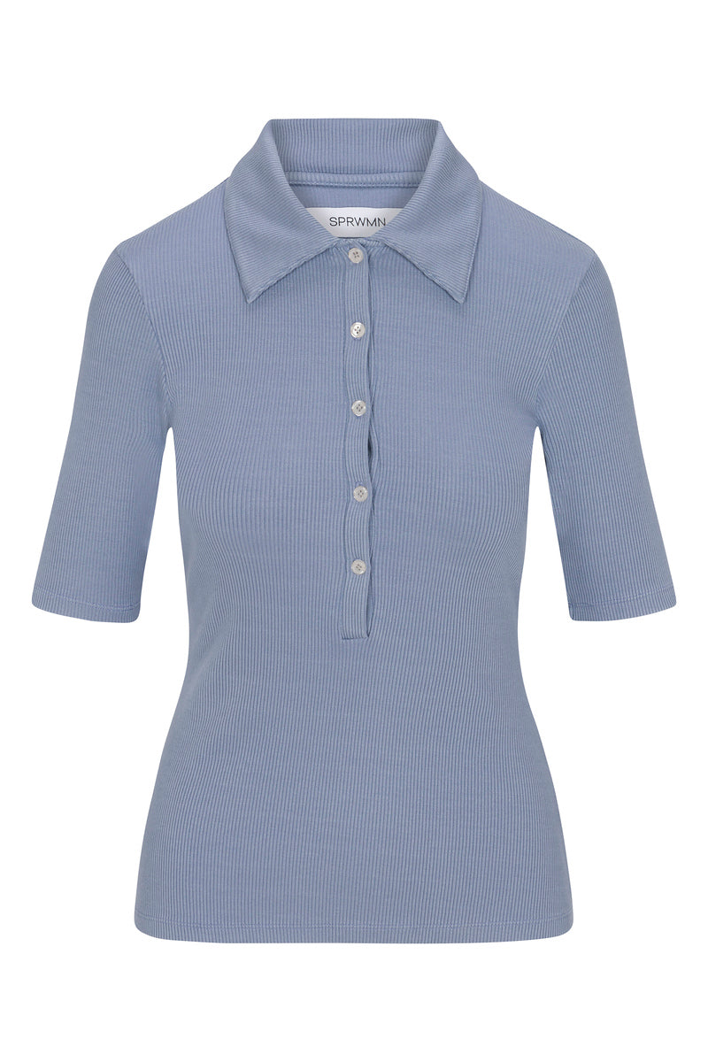 Steel Blue Rib Mid Sleeve Polo