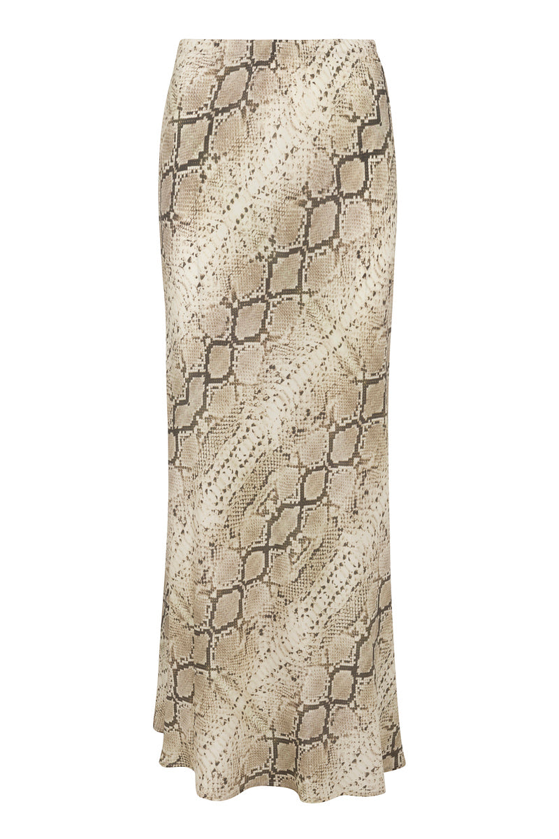 Beige Snakeskin Silk Bias Maxi Skirt