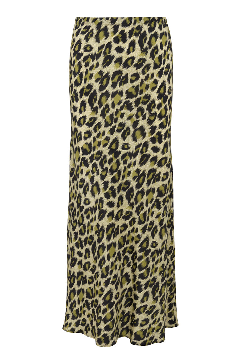 Green Leopard Silk Bias Maxi Skirt