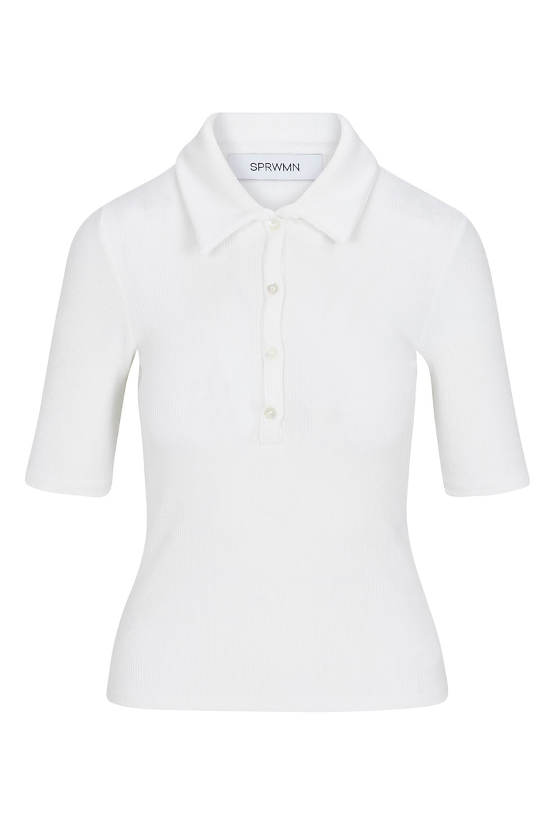 White Rib Mid Sleeve Polo Top