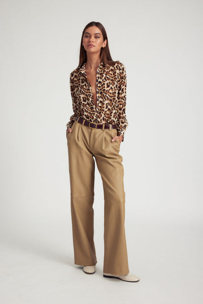 Khaki Leather Pleated Trousers