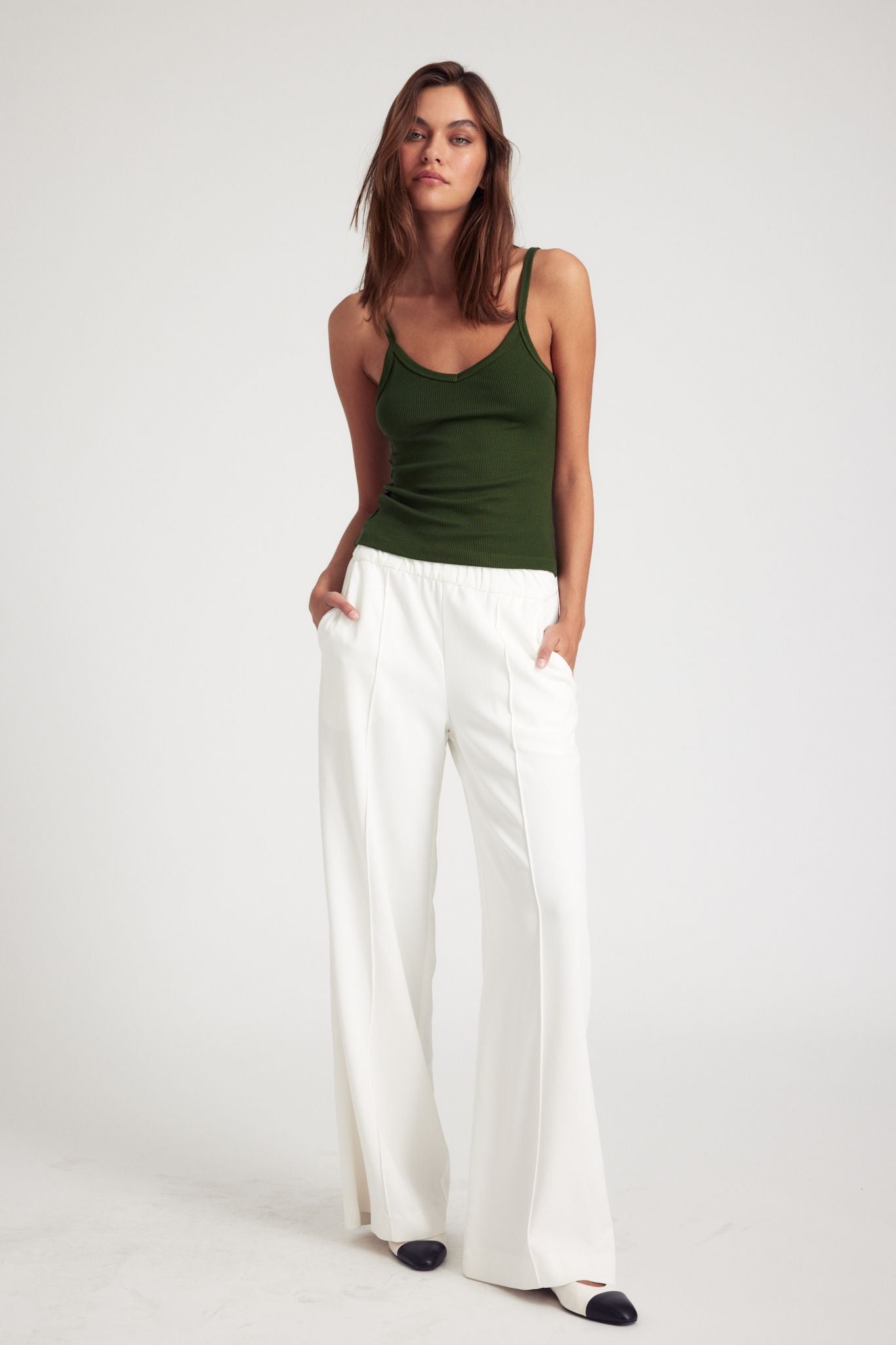 White Crepe Wide Leg Pintuck Trousers