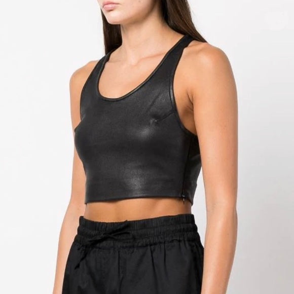 Black Leather Cropped Racerback Tank