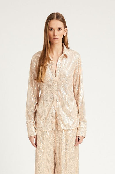 Off White Sequin Fitted Button Down