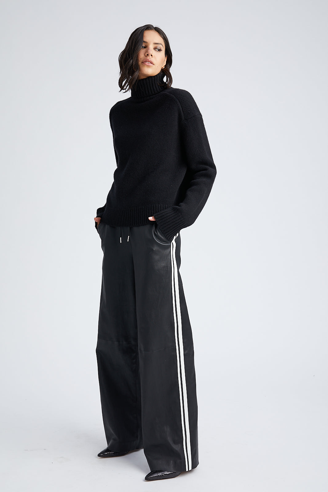 Black Leather Athletic Drawstring Pant