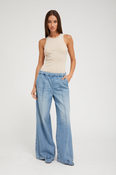 Paradis Denim Wide Leg Pintuck Pants