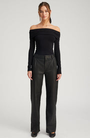 Black Leather Straight Leg Pleated Trousers