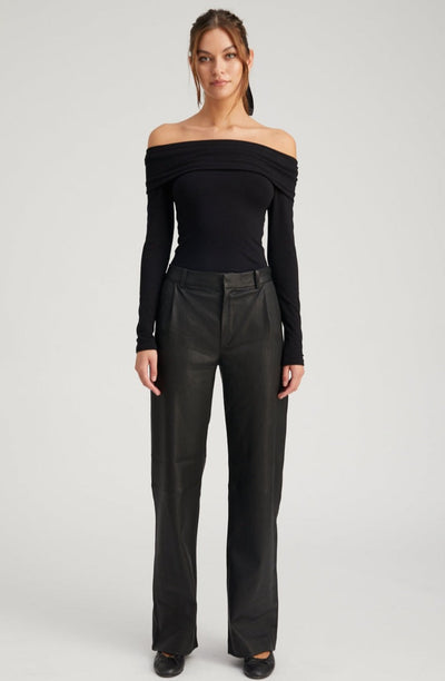 Black Leather Straight Leg Pleated Trousers
