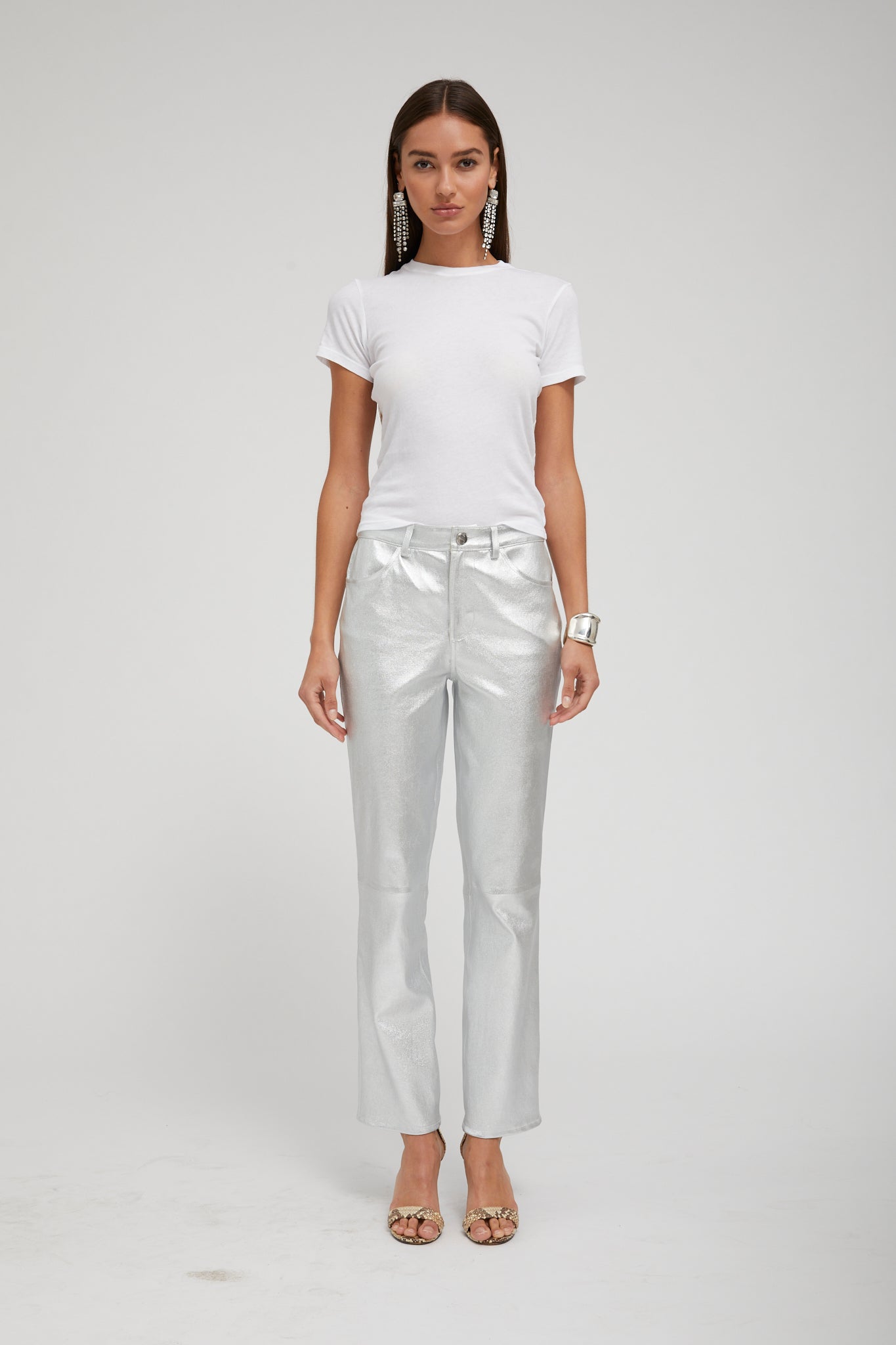 Metallic Silver 5 Pocket Ankle Slim Straight