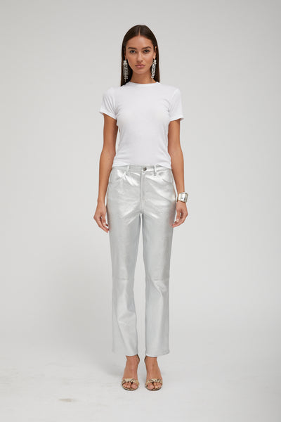 Metallic Silver 5 Pocket Ankle Slim Straight